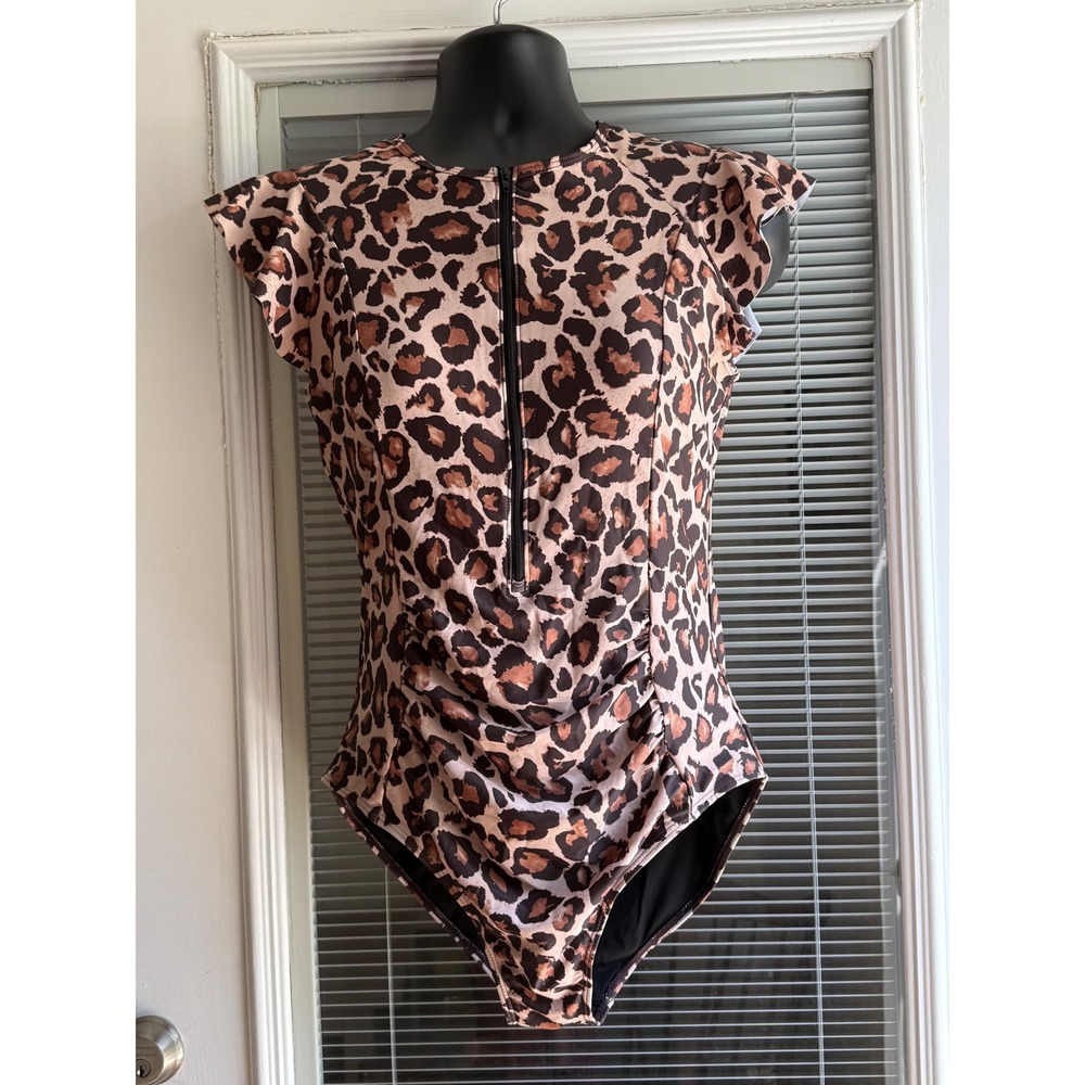 Tempt Me Swimsuit Womens XL Leopard Print NEW Ruffle Sleeve full zipper